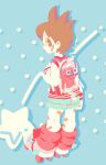  1boy amano_keita arm_at_side bandaid bandaid_on_face blue_background blue_shorts book brown_hair character_bag child full_body long_sleeves looking_back loose_socks male_focus no_lineart nonana_(mikudrop) pastel_colors red_socks roller_skates short_hair shorts skates socks solo star_(symbol) tongue tongue_out transparent_bag whisper_(youkai_watch) youkai_watch 
