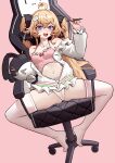  1girl absurdres ahoge attilio_regolo_(azur_lane) attilio_regolo_(castle_of_inspiration)_(azur_lane) azur_lane black_ribbon brown_hair cameltoe camisole chair crossed_bangs fang gaming_chair hair_ribbon heart heart-shaped_pupils heart_ahoge highres holding holding_stylus jacket light_blush light_brown_hair long_hair looking_at_viewer mihua_mh mole mole_under_eye navel official_alternate_costume open_mouth panties partially_unzipped pink_background pink_camisole purple_eyes ribbon simple_background sitting smile solo spread_legs stomach stylus swivel_chair symbol-shaped_pupils thighhighs underwear white_jacket white_panties white_thighhighs 