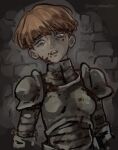  1girl against_wall armor blood blood_on_armor blood_on_clothes blood_on_face blue_eyes boobplate commentary cropped_arms d&#039;arce_(fear_&amp;_hunger) fear_&amp;_hunger kingjoshua knight medium_bangs orange_hair parted_lips pauldrons short_hair shoulder_armor solo teeth upper_body upper_teeth_only 
