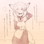  1girl :d animal_ears apron blush bow bowtie commentary_request covering_face cowboy_shot cuffs fang fox_ears fox_girl fox_tail frilled_apron frills gloves gosu_mei_(sakifox) gradient_background highres maid maid_apron maid_headdress medium_hair monochrome open_mouth original sakifox sauna simple_background sitting smile solo sweat tail translation_request wet wet_clothes white_gloves wrist_cuffs 