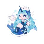  1girl absurdres air_bubble animal blue_coat blue_eyes blue_footwear blue_hair boots bottle bright_pupils bubble cetacean_tail chibi coat crrn english_commentary fins fish_tail full_body hand_up highres holding horns long_hair looking_at_viewer narwhal open_mouth original simple_background single_horn solo tail water_bottle white_background 