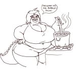  anthro big_breasts black_and_white breasts cleavage clothed clothing cooking_pot crocodile crocodilian crocodylid curvy_figure dialogue english_text female fire hair hand_on_hip huge_breasts lips midriff monochrome navel non-mammal_breasts obese obese_anthro obese_female overweight overweight_anthro overweight_female rachelle_(vdisco) reptile scalie solo speech_bubble stove text thick_lips thick_thighs vdisco voluptuous wide_hips 
