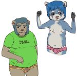  2008 ailurid anthro belly blue_body blue_fur bulge clothing duo fur humanoid_hands male mammal oktomato overweight overweight_male red_panda shirt simple_background topwear underwear ursid white_background 