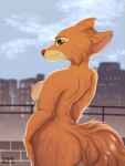  absurd_res breasts brown_body brown_fur brown_nose butt canid canine diane_foxington digital_media_(artwork) dreamworks female fluffy fluffy_tail fox fur green_eyes hi_res looking_at_viewer mammal multicolored_body nipples nude orange_body orange_fur shyryp simple_background smile solo tail the_bad_guys two_color_fur two_tone_body white_body white_fur 