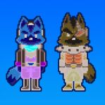  anthro brown_body brown_fur canid canine canis clothed clothing duo eye_patch eyewear fox fox_mccloud fully_clothed fur grey_body grey_fur male mammal michiyoshi nintendo orange_background simple_background star_fox video_games wolf wolf_o&#039;donnell 