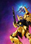  beam_rifle clenched_hand commentary_request energy_gun feet_out_of_frame flying gun gundam holding holding_gun holding_weapon hyaku_shiki mecha mecha_focus mobile_suit nakamura_jun'ichi nebula no_humans radio_antenna robot science_fiction signature space star_(sky) v-fin weapon zeta_gundam zeta_gundam_(mobile_suit) 