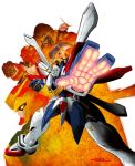  bakunetsu_god_finger bolt_gundam clenched_hand commentary_request dragon_gundam foot_out_of_frame foreshortening g_gundam glowing glowing_hand god_gundam green_eyes gundam gundam_maxter gundam_rose legs_apart mecha mecha_focus nakamura_jun'ichi no_humans open_hand outstretched_arm robot science_fiction signature standing super_robot v-fin white_background 