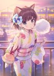  1girl animal_ear_fluff animal_ears bangs bell blue_bow blush bow brown_hair cat_ears closed_mouth commentary_request cotton_candy eating eyebrows_visible_through_hair food grey_eyes hair_bow holding holding_food japanese_clothes jingle_bell kimono long_sleeves looking_at_viewer nekokan_masshigura obi original outdoors print_kimono railing sash signature silhouette solo_focus sunset twitter_username two_side_up water white_kimono wide_sleeves 