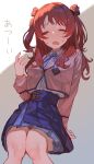  1girl =_= absurdres bare_legs blazer blue_overskirt blue_ribbon blue_skirt blush brown_hair brown_jacket commentary_request cropped_jacket double_bun feet_out_of_frame furrowed_brow gakuen_idolmaster hair_bun hanami_saki hatsuboshi_gakuen_school_uniform highres hot idolmaster invisible_chair jacket long_hair long_sleeves makitoshi0316 neck_ribbon pleated_skirt ribbon school_uniform shirt sitting skirt solo sweat two_side_up white_shirt 