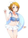  1girl closed_mouth headband highres koizumi_hanayo light_brown_hair looking_at_viewer love_live! love_live!_school_idol_project naarann purple_eyes short_hair simple_background smile solo swimsuit white_background white_headband 