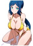  1girl batta_16-sei bikini blue_eyes blue_hair breasts cleavage commentary_request gundam gundam_build_fighters highres iori_rinko large_breasts long_hair looking_at_viewer low_ponytail mature_female seiza simple_background sitting solo swimsuit white_background yellow_bikini 