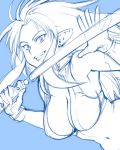  1990s_(style) 1girl breasts cleavage earrings jewelry large_breasts long_hair looking_at_viewer monochrome navel pointy_ears ryou-ouki simple_background smile solo spiked_hair tenchi_muyou! ueyama_michirou weapon 