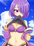  .live 1girl beach breasts cleavage cloud commentary_request hair_ornament hair_over_one_eye hairclip highres jacket kinsi_mike kiso_azuki large_breasts looking_at_viewer navel purple_eyes purple_hair short_hair sky solo swimsuit virtual_youtuber 
