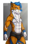  2020 anthro blue_body blue_eyes blue_fur blue_hair blue_nose bottomwear canid canine canis clothed clothing clyde_wolf digital_media_(artwork) fox fur hair hi_res looking_at_viewer male mammal orange_body orange_fur pants simple_background smile solo teeth underwear white_body white_fur 