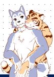  2008 anthro barazoku canid canine canis domestic_dog duo felid fur hug hugging_from_behind humanoid_hands husky kemono kome_(artist) male male/male mammal nordic_sled_dog pantherine scar spitz tiger tongue tongue_out white_body white_fur 