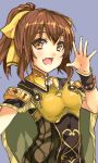  1girl :d bow breastplate brown_eyes brown_hair cape delthea_(fire_emblem) fang fire_emblem fire_emblem_echoes:_shadows_of_valentia fuussu_(21-kazin) grey_background hair_bow looking_at_viewer medium_hair open_mouth shiny shiny_hair simple_background skin_fang sleeveless smile solo standing striped vertical_stripes yellow_bow yellow_cape 
