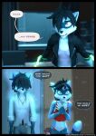  3d_(artwork) anthro arms_tied black_hair blue_body blue_fur bottomwear bound chain clothing comic dialogue digital_media_(artwork) english_text felix_(striped_sins) female fur ghostly hair hi_res imagination jacket leather leather_clothing leather_jacket leather_topwear mammal markings midriff pants procyonid purple_eyes raccoon ryder_(striped_sins) sad shirt solo speech_bubble striped_markings striped_sins striped_tail stripes subconscious t-shirt tail tail_markings talking_to_self tank_top text topwear url willitfit 