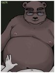  2008 anthro belly eyes_closed eyewear glasses humanoid_hands male mammal moobs nipples oktomato overweight overweight_male simple_background solo_focus ursid 