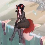  1:1 amber_eyes anthro armor belly black_hair canid canine clothing ear_tuft evalensy female fluffy fluffy_tail fox fur hair hand_lick hi_res mammal nipples red_body red_fox red_fur simple_background sitting solo tuft white_belly white_body white_fur zoey_lavender 