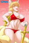  &lt;3 &lt;3_background animal_humanoid areola areola_slip backpack big_breasts bikini blonde_hair blush breasts camel_toe canid canid_humanoid canine canine_humanoid cleavage clothed clothing curvy_figure dipstick_ears fangs female fluffy fluffy_tail fox_humanoid fur hair hand_on_hip hi_res holding_object holding_sword holding_weapon huge_breasts humanoid inner_ear_fluff light_skin looking_at_viewer mammal mammal_humanoid melee_weapon midriff monotone_hair multi_tail multicolored_ears navel nipple_outline open_mouth open_smile ran_yakumo skimpy smile solo standing swimwear sword touhou tuft video_games voluptuous weapon wide_hips yellow_body yellow_eyes yellow_fur yukaran_nosuke 