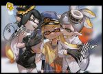  3girls agent_3_(splatoon) bare_shoulders biting black_border black_dress black_gloves black_hair black_pantyhose black_shirt blonde_hair blue_hat blurry blurry_background border callie_(splatoon) cheek_biting closed_eyes closed_mouth coat collarbone dress earrings english_commentary english_text eschathudde facing_another fang gloves gradient_hair grey_choker grey_hair grey_shirt hat headphones highres holding_another&#039;s_hair inkling inkling_girl inkling_player_character jewelry layered_shirt light_particles long_hair long_sleeves looking_at_another marie_(splatoon) multicolored_hair multiple_girls open_mouth orange_eyes pantyhose patchwork_clothes peaked_cap pointy_ears purple_hair shirt short_hair signature splatoon_(series) splatoon_3 strapless strapless_dress suction_cups tentacle_hair thick_eyebrows twintails two-tone_hair white_coat white_pantyhose 