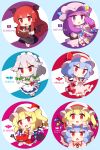  5girls 60mai :d bangs blonde_hair blue_hair blush book bow bowtie character_name closed_mouth dress eyebrows_visible_through_hair fang flandre_scarlet grey_hair hair_bow hands_up holding holding_book izayoi_sakuya koakuma long_hair long_sleeves looking_at_viewer maid_headdress multiple_girls open_mouth patchouli_knowledge purple_eyes purple_hair red_eyes red_hair remilia_scarlet shiny shiny_hair short_sleeves smile tongue touhou white_neckwear wide_sleeves wings 
