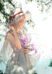  1girl absurdres bangs blurry blurry_background closed_eyes closed_mouth dress eyebrows_visible_through_hair flower hat hat_ribbon highres holding holding_flower kumanoko long_hair original petals purple_flower ribbon sleeveless sleeveless_dress solo sun_hat white_dress white_hair white_headwear 