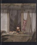  1boy amako_soubee_(style) architecture bandana bandana_around_neck binding_discoloration black_bandana blurry brown_hair brown_kimono building calico_cat cat character_request closed_mouth crease crossed_ankles curtained_hair day debris depth_of_field doorway east_asian_architecture feeding feeding_animal flag foliage food highres indian_style japanese_clothes kimono kyahan letterboxed male_focus narita onigiri outdoors ponytail rain rakudai_ninja_rantarou ruins sanpaku scan scan_artifacts scan_dust scenery sharing sharing_food shin_guards sitting sleeves_past_elbows solo split_mouth third-party_source waraji wide_shot yukata 
