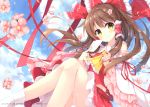  1girl absurdres bangs bare_shoulders blue_sky blush brown_eyes brown_hair closed_mouth cloud cloudy_sky day detached_sleeves dress eyebrows_visible_through_hair fingernails hair_ornament hair_tubes hakurei_reimu highres holding long_hair looking_at_viewer mochizuki_shiina outdoors petals scan shiny shiny_hair shiny_skin short_dress sky smile solo touhou white_legwear wide_sleeves 