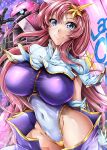  1girl blue_eyes breasts campbell_gichou capelet covered_navel gloves gundam gundam_seed gundam_seed_destiny hair_ornament highleg highleg_leotard highres large_breasts leotard long_hair looking_at_viewer mecha meer_campbell multicolored_leotard pink_hair purple_skirt robot skirt smile solo star_(symbol) star_hair_ornament white_capelet white_gloves zaku_warrior_concert_custom 