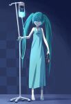  1girl 32zzz aqua_dress aqua_hair bandaged_arm bandaged_leg bandages black_rock_shooter black_rock_shooter_(character) blue_eyes commentary_request crossover dress full_body glowing glowing_eyes hair_between_eyes hatsune_miku headphones headphones_removed highres holding holding_headphones hospital_gown intravenous_drip iv_stand long_hair twintails uneven_twintails very_long_hair vocaloid 