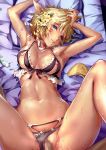  1girl absurdres arm_up armpits bed_sheet black_bra black_panties blonde_hair bra braid breasts censored condom dark_skin facial_mark final_fantasy final_fantasy_xiv frilled_bra frills from_above from_below green_eyes hair_between_eyes hand_in_hair head_tilt hetero highres huge_filesize looking_at_viewer lying medium_breasts miqo&#039;te mosaic_censoring navel nipple_cutout nipples on_back panties panties_aside parted_lips penis pillow pubic_hair sex shiny shiny_hair shiny_skin short_hair side_braid slit_pupils solo tarou_(user_tpmh7442) underwear vaginal 