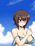  1girl aircraft airplane bangs bare_shoulders blue_bra blue_sky blush bow bow_bra bra bra_pull breasts brown_eyes brown_hair cleavage closed_mouth cloud cloudy_sky commentary condensation_trail day embarrassed eyebrows_visible_through_hair fighter_jet from_side girls_und_panzer jet medium_breasts military military_vehicle nishizumi_maho oosaka_kanagawa outdoors short_hair sky solo underwear undressing 