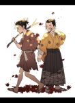  2boys arm_at_side black_eyes black_hair black_hakama closed_mouth falling_leaves full_body ghost_of_tsushima hair_bun hakama hand_up hand_wraps holding holding_hand holding_stick japanese_clothes kimono leaf looking_at_another looking_away male_focus maple_leaf messy_hair multiple_boys obi open_mouth orange_kimono over_shoulder ponytail print_kimono ryuzo_(ghost_of_tsushima) sakai_jin sandals sash short_hair short_ponytail simple_background standing stick tabi tearing_up tears walking white_background wiping_tears younger yukko93 