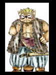  2008 anthro belly black_border border brown_body brown_fur canid canine clothed clothing dragon_quest dragon_quest_viii fur hi_res humanoid_hands male mammal overweight overweight_anthro overweight_male raccoon_dog simple_background solo square_enix tanuki video_games weapon yangus_(dragon_quest) yuuta_(pixiv_305532) 
