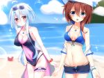  2girls :d :o ahoge bangs bare_shoulders beach bikini bikini_under_clothes black_leotard blue_bikini blue_eyes blue_hair blue_shorts blue_sky blush bracelet breasts brown_eyes brown_hair bubble center_opening cleavage cloud collarbone commentary_request covered_navel covered_nipples cowboy_shot crab day eyebrows_visible_through_hair eyewear_on_head groin hair_between_eyes hair_ornament hairclip jewelry lens_flare leotard looking_at_viewer medium_breasts midriff multiple_girls navel necklace ocean off-shoulder_jacket open_fly open_mouth original outdoors sheer_clothes shironeko_haru short_hair_with_long_locks short_shorts shorts sidelocks skindentation sky smile sparkle standing sunglasses swimsuit thigh_strap visor_cap waist_cape wristband 