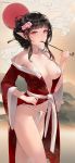  1girl a artist_name bikini black_hair breasts chowbie cleavage cloud collarbone commentary_request elf feet_out_of_frame fundoshi groin hair_bun highres japanese_clothes kimono looking_at_viewer medium_breasts original pink_eyes pipe pointy_ears red_sun smoke smoking solo sun swimsuit thighs white_bikini 