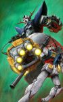  bazooka_(gundam) beam_cannon commentary_request finger_cannon foreshortening glowing glowing_eye glowing_eyes gundam highres holding holding_weapon mecha mecha_focus mobile_armor mobile_suit mobile_suit_gundam nakamura_jun&#039;ichi no_humans one-eyed pink_eyes robot rx-78-2 science_fiction signature v-fin weapon yellow_eyes zeong 