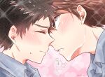  2boys bishie_sparkle black_hair blush brown_eyes brown_hair close-up closed_eyes closed_mouth collared_shirt commentary_request dress_shirt face-to-face grey_shirt haikyuu!! heart heart_background imminent_kiss iwaizumi_hajime male_focus multiple_boys oikawa_tooru_(haikyuu!!) parted_lips pink_background profile ririn_(ririn_501) shirt short_hair spiked_hair sweatdrop thought_bubble translation_request twitter_username v-shaped_eyebrows yaoi 