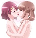  2girls asymmetrical_docking blush breast_press breasts brown_hair closed_eyes flower french_kiss graphite_(medium) hair_flower hair_ornament hairclip hanadera_nodoka healin&#039;_good_precure heart hiramitsu_hinata hug kiss kumashiro_izuta long_hair looking_at_another medium_breasts millipen_(medium) multiple_girls nipple-to-nipple nipples nude precure profile red_eyes red_hair short_hair simple_background small_breasts tongue traditional_media twintails upper_body white_background yuri 