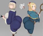  2girls absurdres ass blonde_hair dungeon_meshi falin_touden green_eyes highres huge_ass looking_at_viewer marcille_donato multiple_girls mushroom oroz_kun smile standing wand 