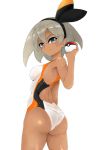 1girl absurdres ass competition_swimsuit cowboy_shot dark_skin from_behind grey_eyes grey_hair gym_leader hairband highres one-piece_swimsuit onihime_takun poke_ball pokemon pokemon_(game) pokemon_swsh saitou_(pokemon) short_hair swimsuit two-tone_swimsuit ultra_ball 