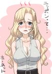  1girl belt black_belt blonde_hair blue_eyes breasts cleavage commentary_request dress_shirt highres hornet_(kantai_collection) kantai_collection large_breasts long_hair looking_up open_clothes open_mouth pink_background shirt sleeveless sleeveless_shirt solo standing t2r translation_request upper_body 