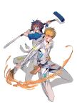  1boy 1girl black_hair bleach brown_eyes collared_shirt galiao hair_between_eyes holding holding_paint_roller holding_paintbrush kuchiki_rukia kurosaki_ichigo long_sleeves looking_at_viewer orange_hair paint_in_hair paint_on_clothes paint_roller paint_splatter paint_splatter_on_face paintbrush pants popped_collar purple_eyes shirt smile spiked_hair t-shirt white_background white_pants white_shirt 