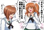  &gt;_&lt; 2girls :d afterimage bangs black_neckwear blouse blunt_bangs brown_eyes brown_hair clenched_hands closed_eyes commentary eyebrows_visible_through_hair facing_another girls_und_panzer green_skirt hand_on_own_head highres long_hair long_sleeves motion_lines multiple_girls neckerchief nishizumi_miho omachi_(slabco) ooarai_school_uniform open_mouth orange_hair pleated_skirt sailor_collar school_uniform serafuku short_hair skirt smile standing takebe_saori translated white_background white_blouse white_sailor_collar 