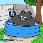  1:1 2020 aliasing anthro belly beverage black_bear black_body black_fur black_nose clothed clothing day fur holding_object hose humanoid_hands kemono male mammal moon_bear outside overweight overweight_anthro solo swimming_pool toony tree ursid ursine yuumin148 