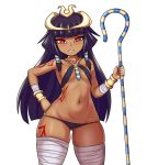  1girl alternate_breast_size ass_visible_through_thighs bandaged_leg bandages bangs bare_shoulders black_hair black_panties blunt_bangs bracelet breasts commentary cowboy_shot dark_skin egyptian eyebrows_visible_through_hair groin hair_tubes hand_on_hip highres jewelry long_hair looking_at_viewer mole mole_on_breast mole_on_shoulder mole_under_eye monster_girl_encyclopedia nav navel panties parted_lips pharaoh_(monster_girl_encyclopedia) red_eyes simple_background small_breasts smile solo staff stomach tattoo thick_thighs thighs tiara underwear very_long_hair white_background wrist_wrap younger 
