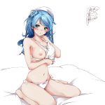  1girl :o bare_legs barefoot bed_sheet blue_eyes blue_hair blush breasts character_name closed_mouth clothing_aside collarbone commentary_request double_bun eyebrows_visible_through_hair hat highres kantai_collection large_breasts medium_hair navel nipples panties rizzl sailor_hat signature simple_background sitting solo tank_top twitter_username underwear underwear_only urakaze_(kantai_collection) wariza white_background white_headwear white_panties 