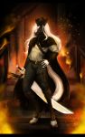  2018 animal_humanoid anthro black_body blue_eyes castle clothed clothing digital_drawing_(artwork) digital_media_(artwork) digital_painting_(artwork) equid equine fire full-length_portrait hair hi_res hooves horse humanoid looking_at_viewer magic mammal mammal_humanoid melee_weapon portrait rizonik shaded simple_background solo sparkles sword weapon white_hair widescreen 