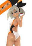  1girl absurdres ass character_name competition_swimsuit cowboy_shot dark_skin from_behind grey_eyes grey_hair gym_leader hairband highres one-piece_swimsuit onihime_takun poke_ball pokemon pokemon_(game) pokemon_swsh saitou_(pokemon) short_hair swimsuit two-tone_swimsuit ultra_ball 